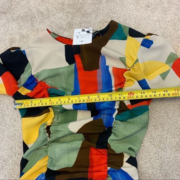 Zara multicoloured printed dress with draping long sleeve ruched Sz S NWT - Picture 7 of 10